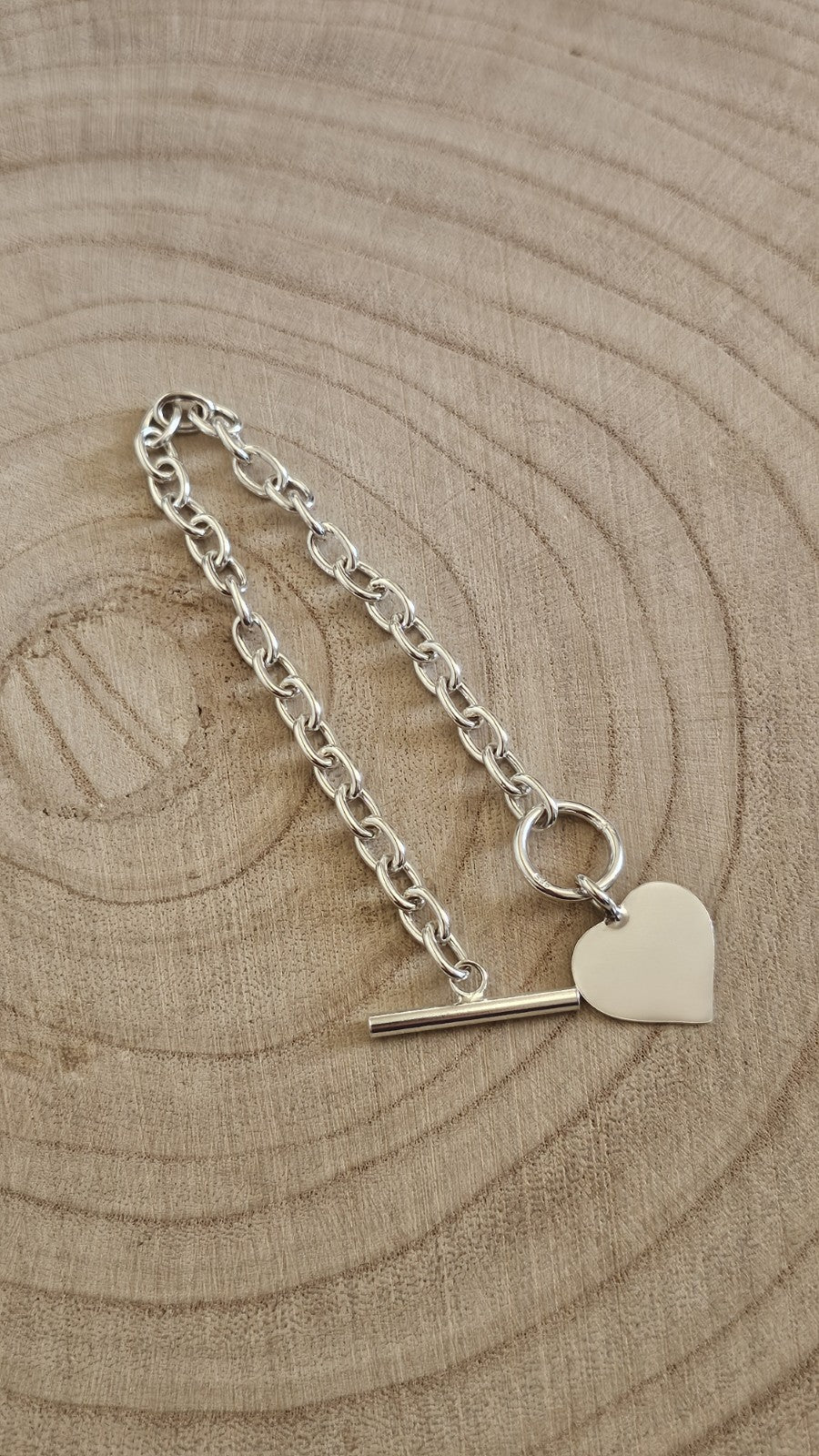 925 Sterling Silver Heart Charm Bracelet T-Bar Toggle 7.5" Hallmarked 15.58g