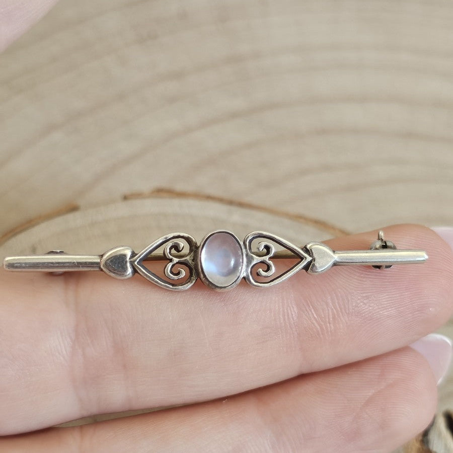 Vintage Silver Moonstone Bar Brooch Heart Scroll Design Stamped SILVER 54mm