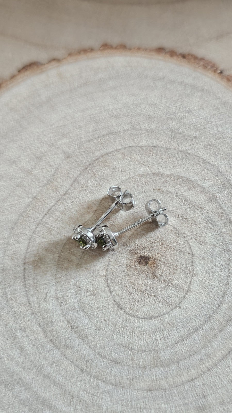 925 Sterling Silver Olive Green CZ Halo Stud Earrings 5.8mm , New Boxed
