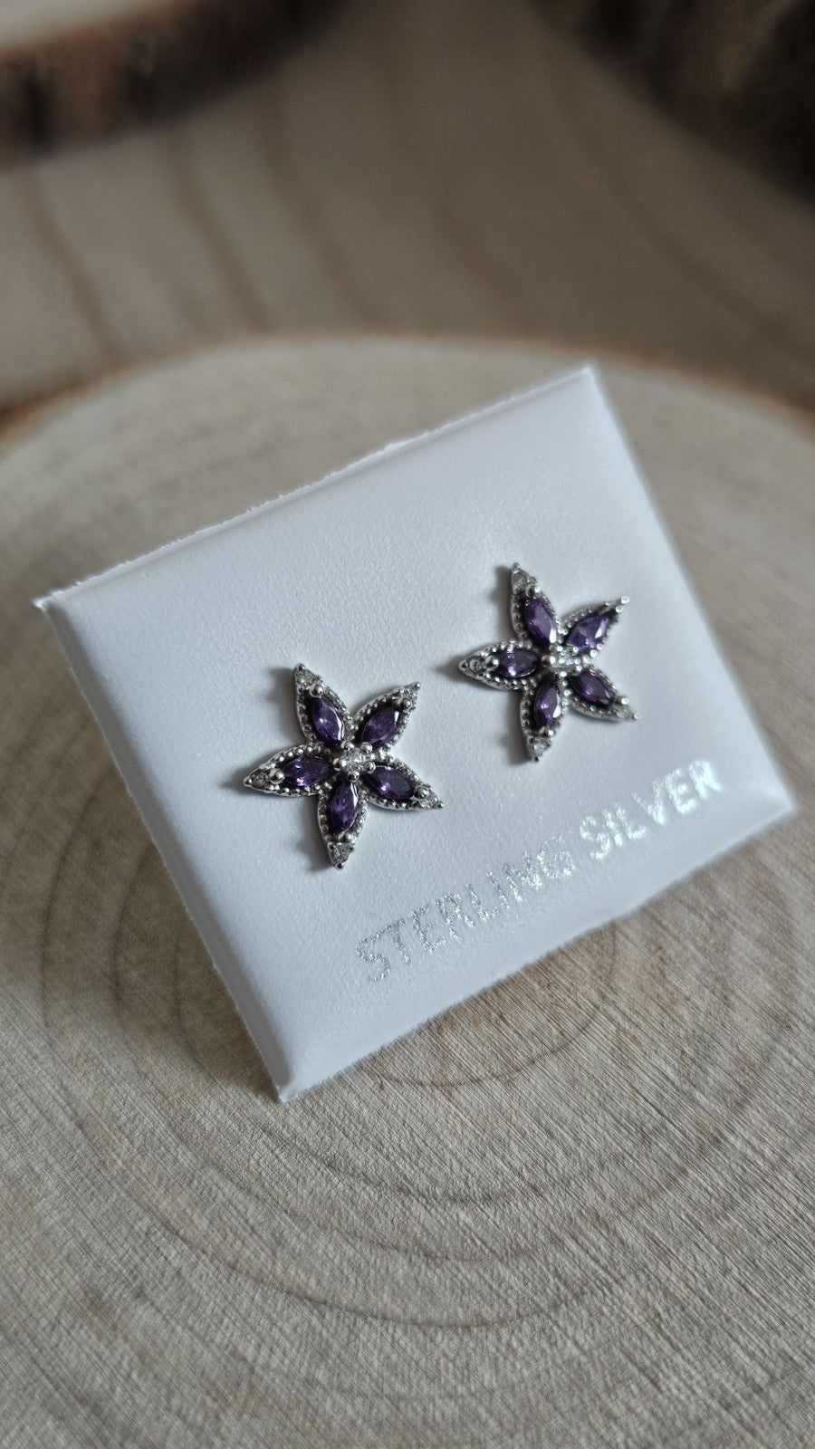 925 Sterling Silver Purple CZ Flower Stud Earrings 11mm Floral Star New