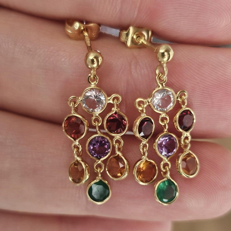 18ct Yellow Gold Multi Gemstone Chandelier Drop Earrings 3g Hallmarked