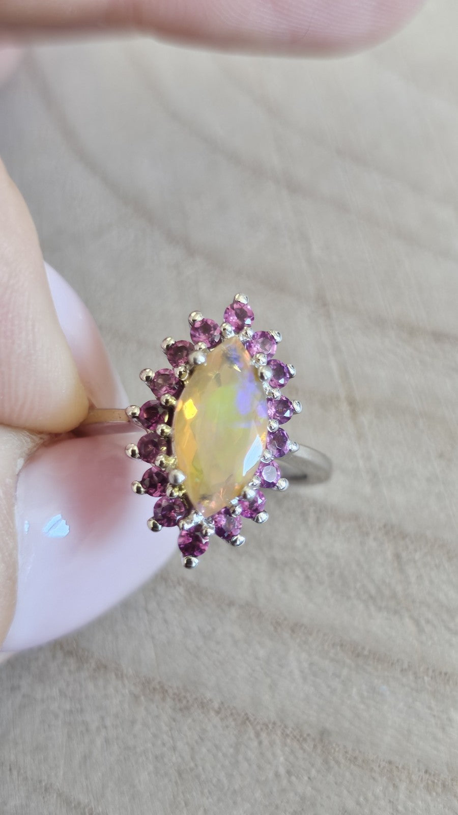 925 Sterling Silver Opal Rhodolite Garnet Halo Statement Ring Size N 1/2 3.90g