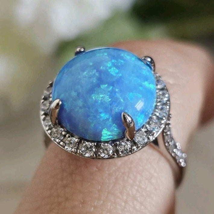 925 Sterling Silver Blue Opal & Zircon Halo Ring Size N 1/2 4.92g