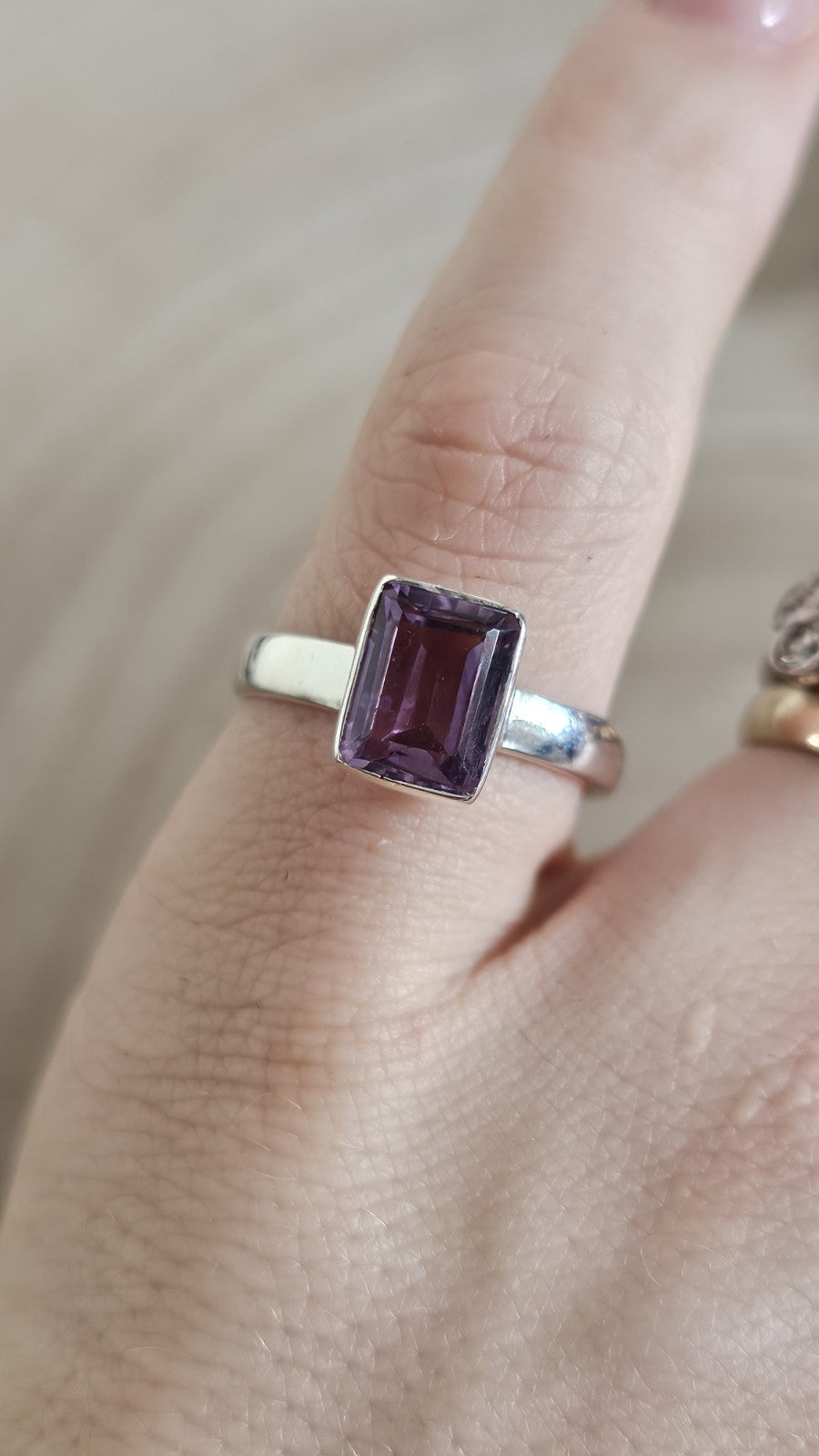 925 Sterling Silver Amethyst Ring Size U Emerald Cut Purple Gemstone 3.93g