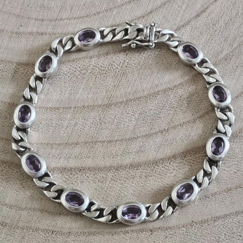 925 Sterling Silver Curb Link Amethyst Bracelet 18.5cm Hallmarked 13.39g