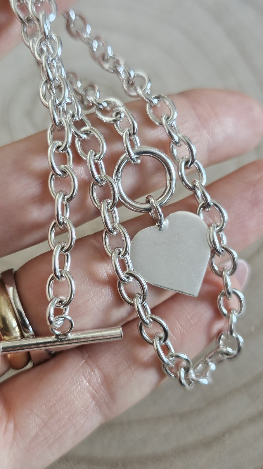 925 Sterling Silver Chunky Heart Pendant Necklace T-Bar Hallmarked 27.61g