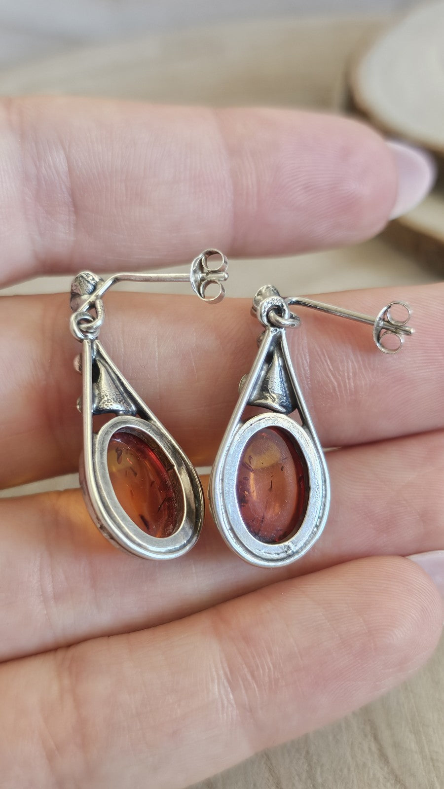 925 Sterling Silver Amber Drop Earrings Floral Design 7.14g 33mm