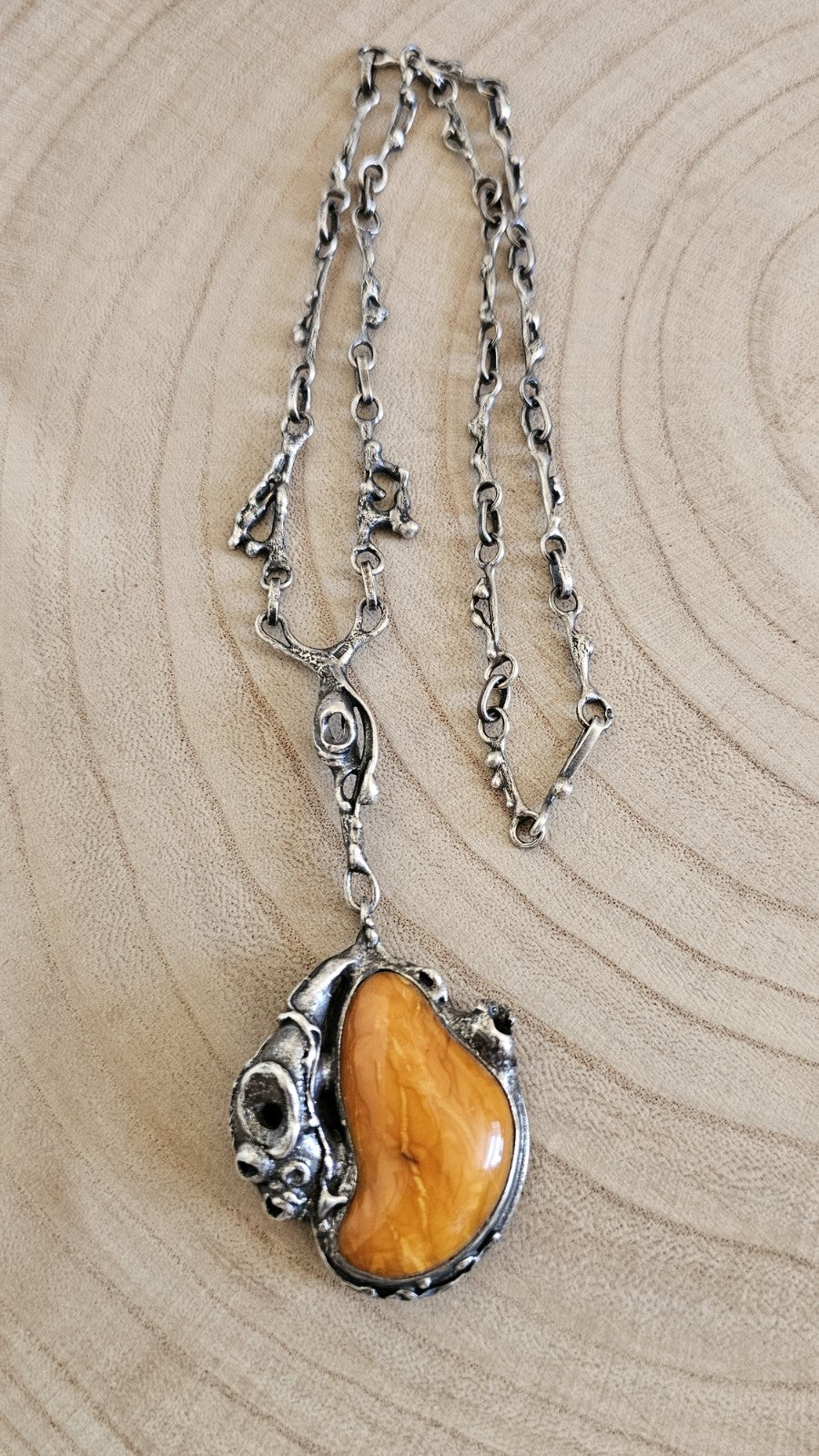 Vintage Polish 800 Silver Amber Brutalist Pendant Necklace TMS Warsaw, 37g