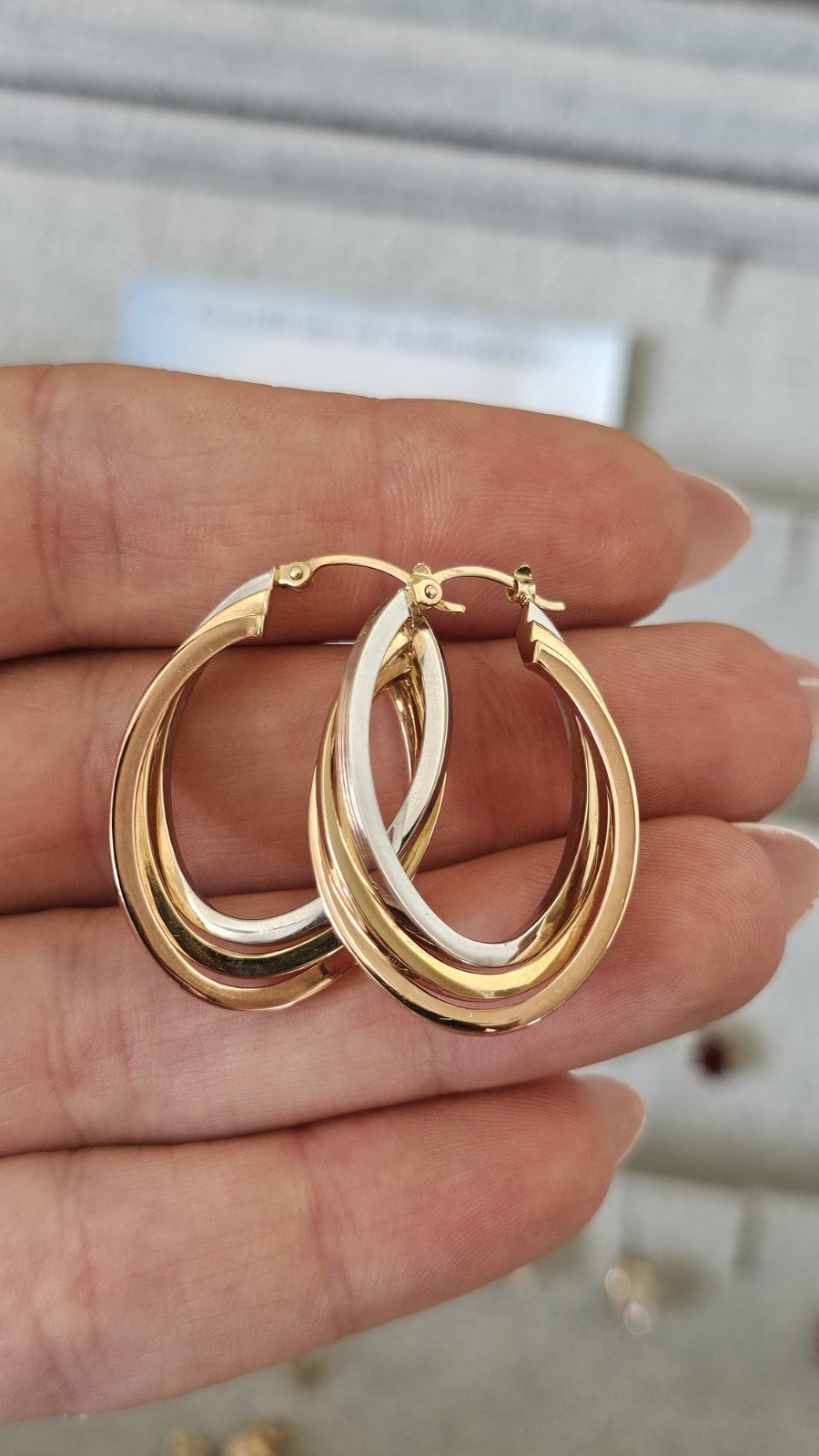 14ct Tri Colour Gold Triple Hoop Earrings 4.79g 33.5mm 14K Rose White Yellow