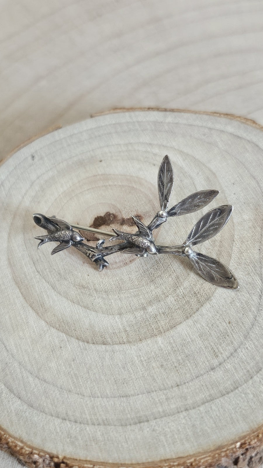 Vintage Silver Swallow Bird & Leaf Branch Brooch Pin 47mm 2.82g