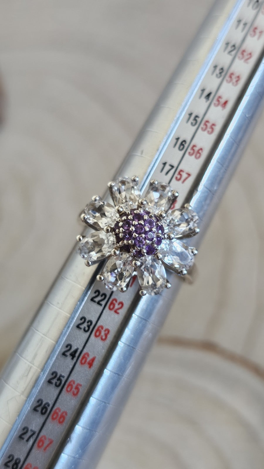 TGGC 925 Sterling Silver Amethyst & White Topaz Flower Ring Size R 1/2