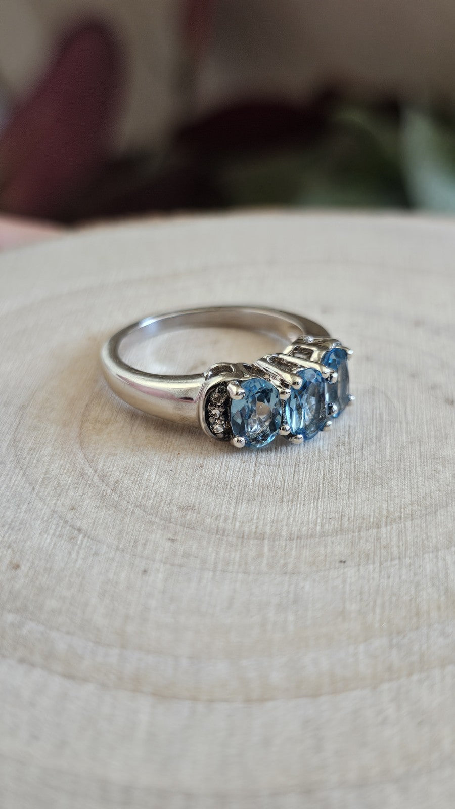 925 Sterling Silver Blue Topaz & Zircon Trilogy Ring Size L 1/2 TGGC
