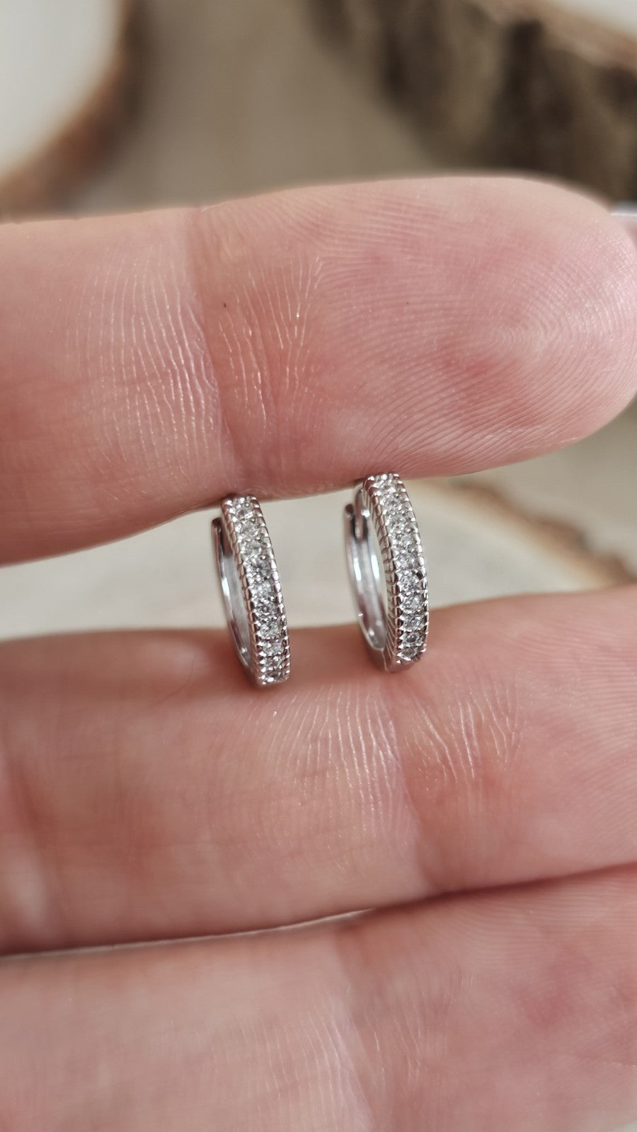 925 Sterling Silver CZ Huggie Hoop Earrings Rhodium Plated 13mm New