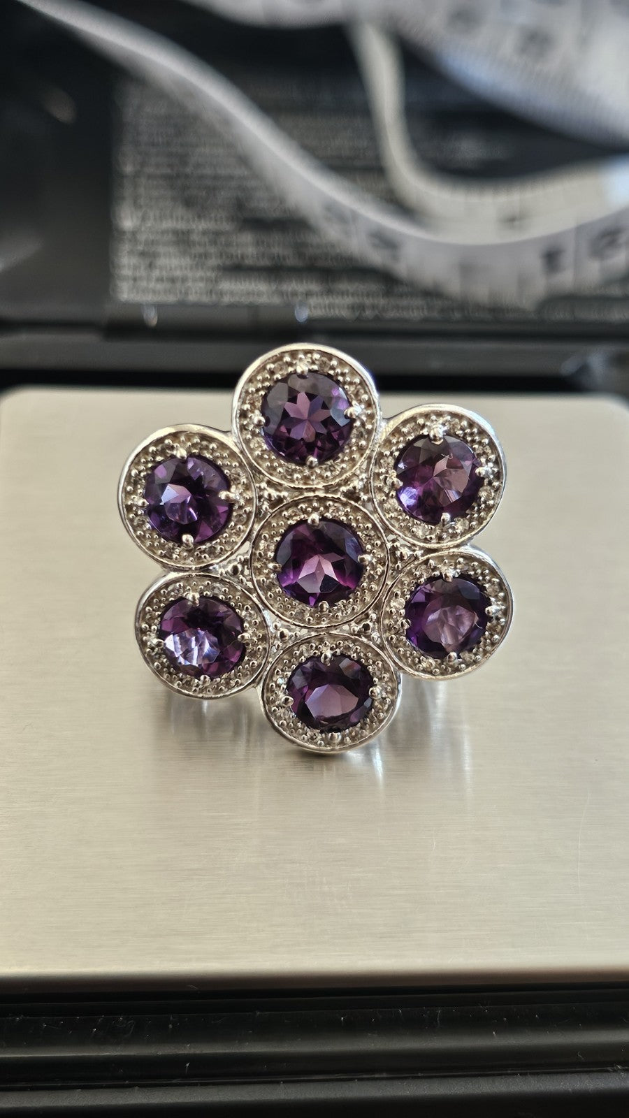 TGGC 925 Sterling Silver Amethyst Zircon Cluster Ring Size N 1/2 10.17g