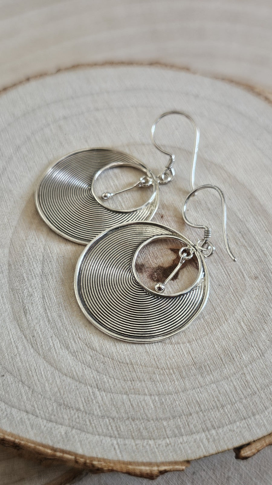 925 Sterling Silver Large Spiral Disc Drop Earrings Circular Dangle 3.64g