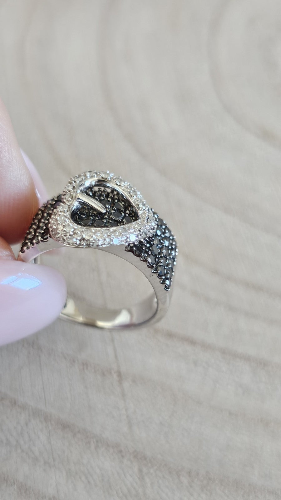 Sterling Silver Natural Black & Clear Diamond Buckle Ring Size N 1/2