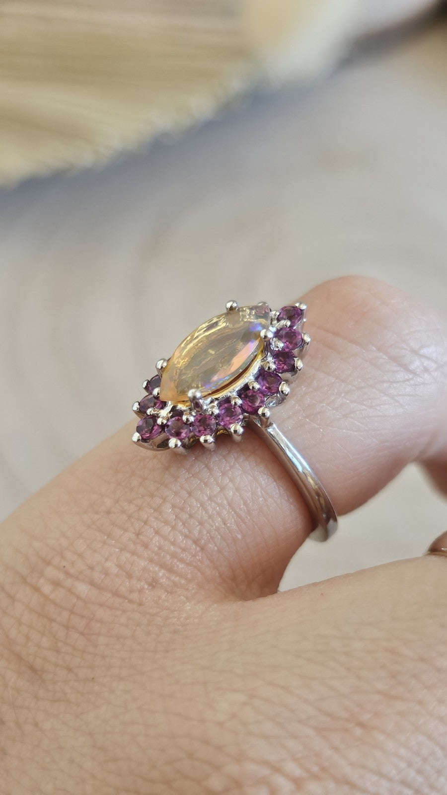 925 Sterling Silver Opal Rhodolite Garnet Halo Statement Ring Size N 1/2 3.90g