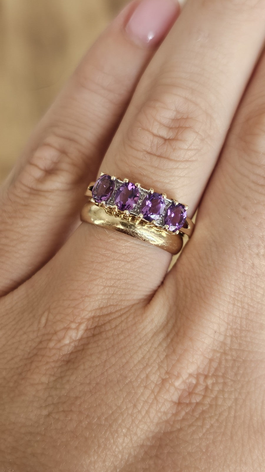 💜 9ct Yellow Gold Natural Amethyst & Diamond Half Eternity Ring – Size S 💜