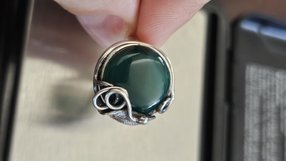 Vintage Sterling Silver Green Onyx Statement Ring Size S 7.92g