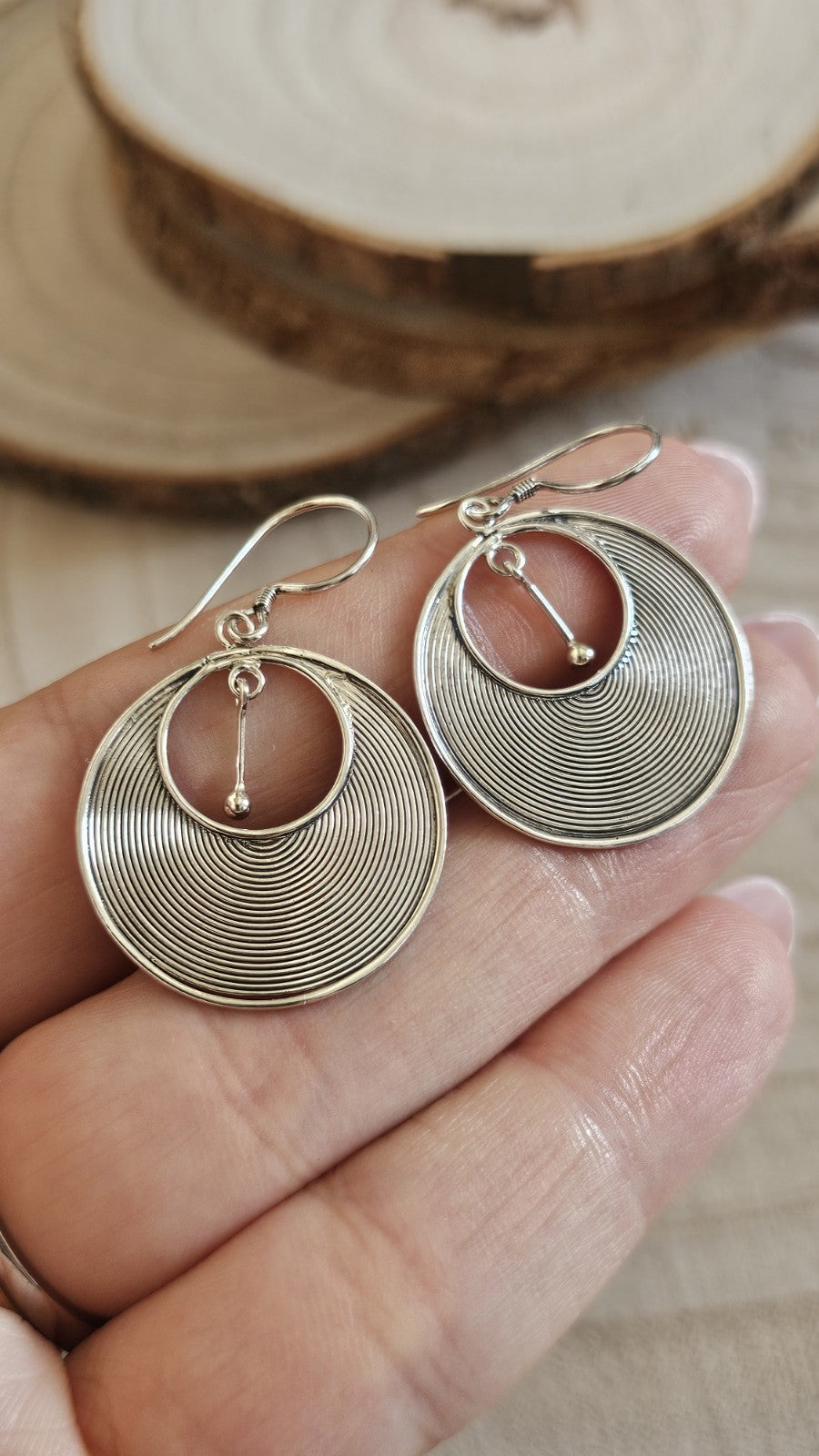 925 Sterling Silver Large Spiral Disc Drop Earrings Circular Dangle 3.64g