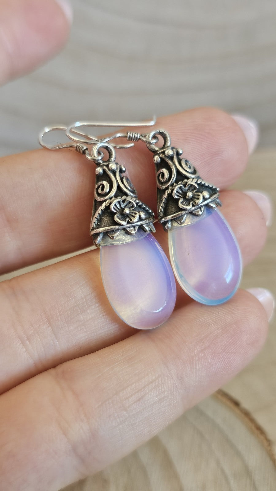 925 Sterling Silver Opalite Drop Earrings Floral Dangle Hooks 46.5mm