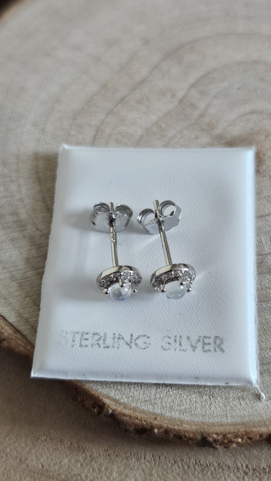925 Sterling Silver Moonstone CZ Halo Stud Earrings 6mm Round Stamped 925 , New