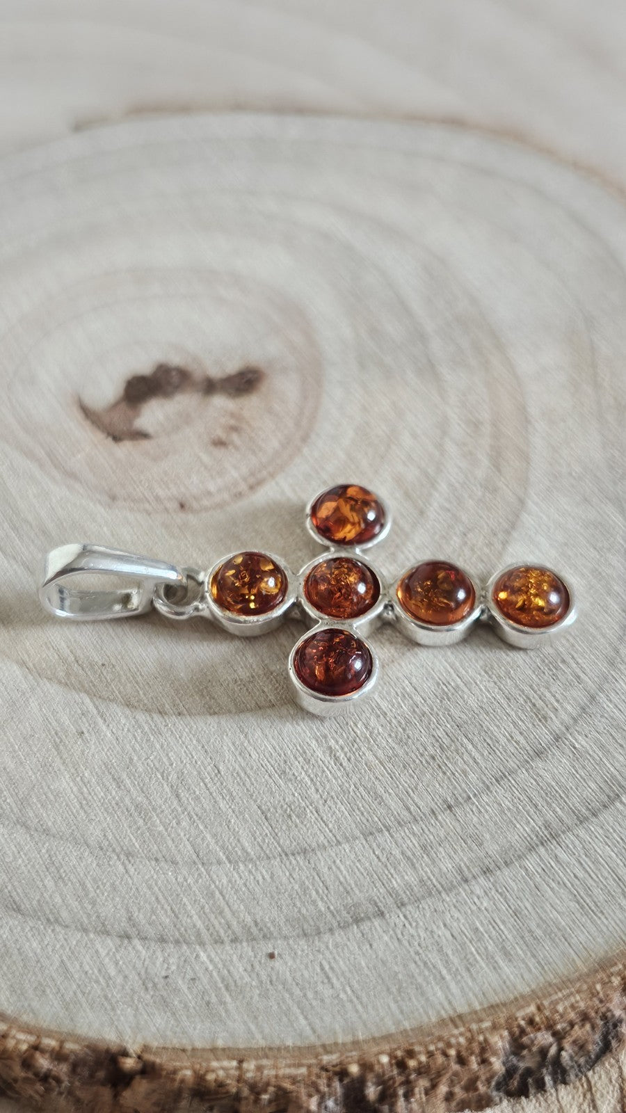 925 Sterling Silver Genuine Amber Cross Pendant Honey Cognac 37.7mm 3.10g