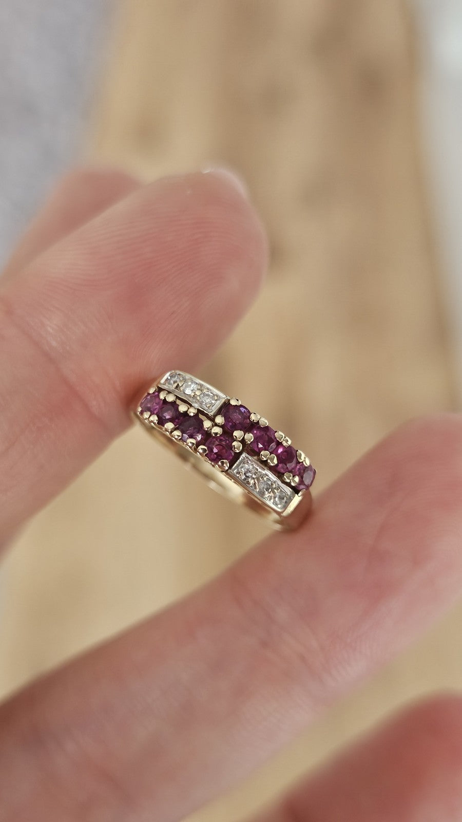 Vintage 1987 ,9ct Yellow Gold Natural Ruby & Diamond Double Row Ring Size M 1/2