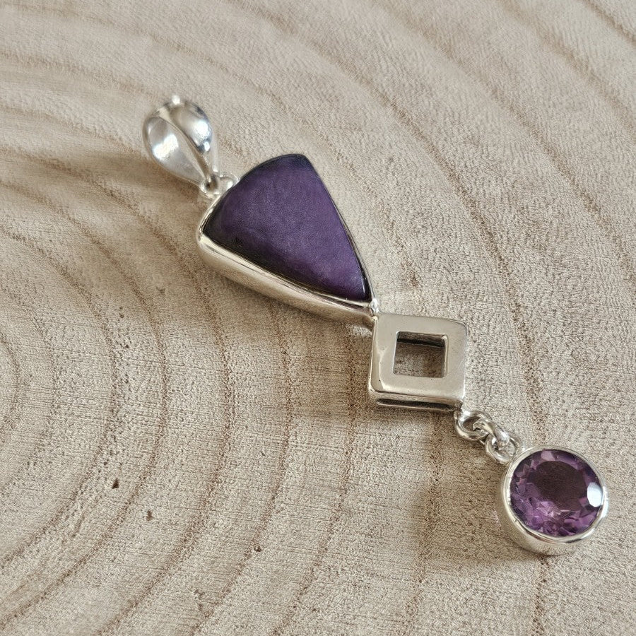 925 Sterling Silver Purple Gemstone & Amethyst Geometric Drop Pendant 9.35g