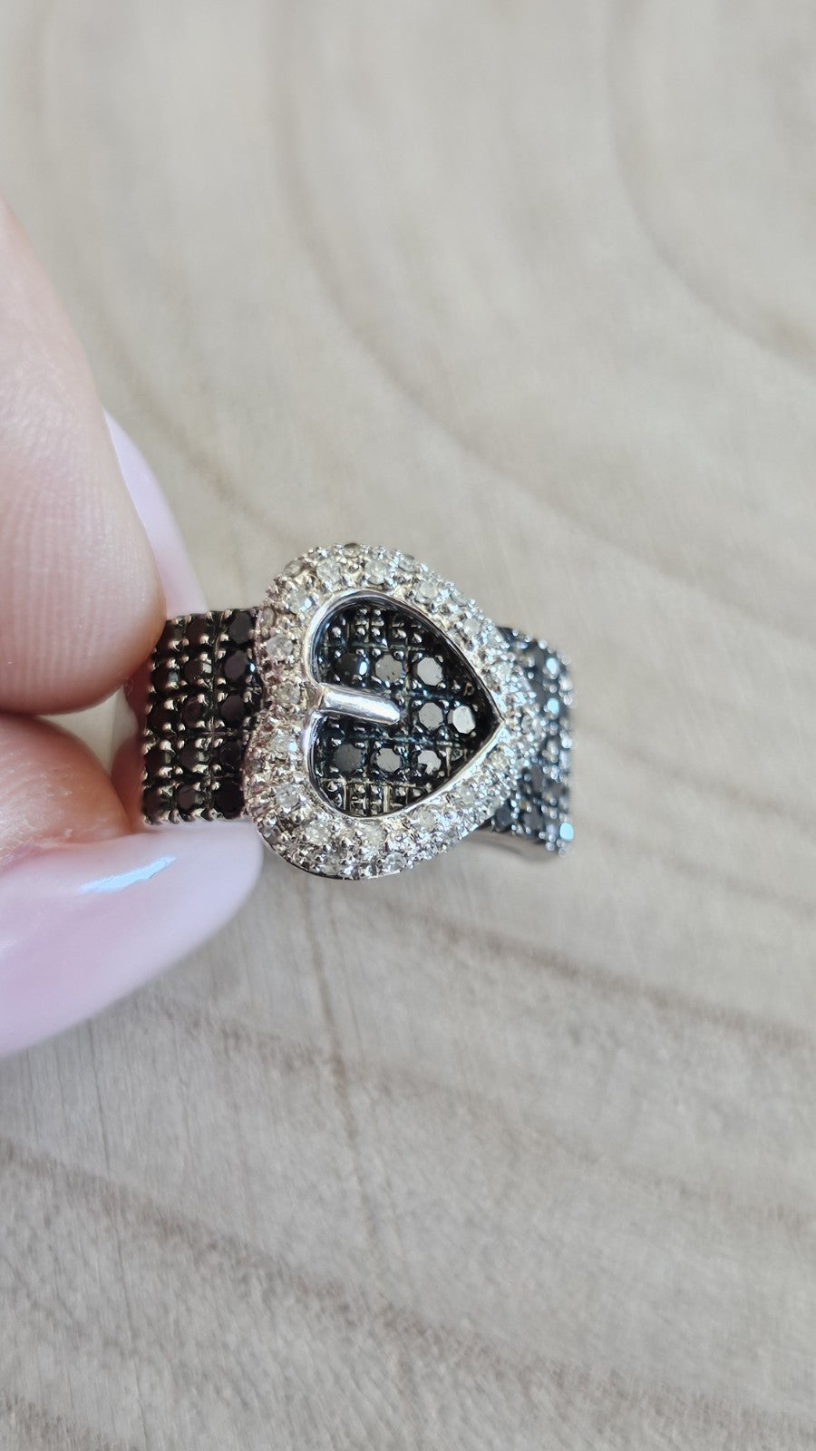 Sterling Silver Natural Black & Clear Diamond Buckle Ring Size N 1/2