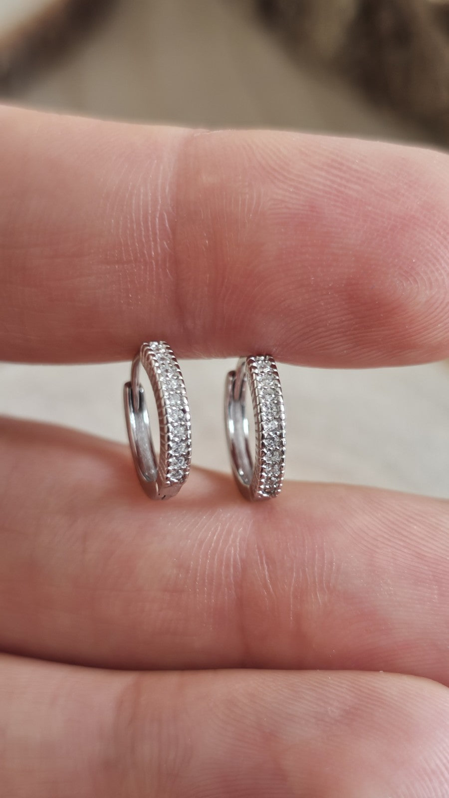 925 Sterling Silver CZ Huggie Hoop Earrings Rhodium Plated 13mm New