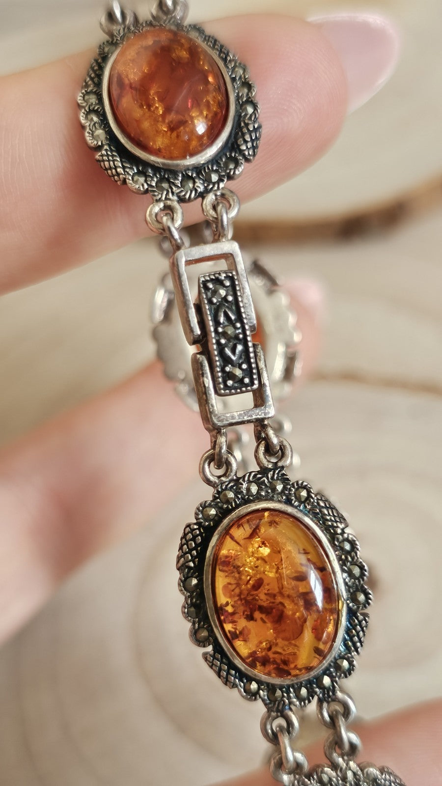 Vintage 925 Sterling Silver Amber Marcasite Bracelet 8" Hallmarked 22.38g