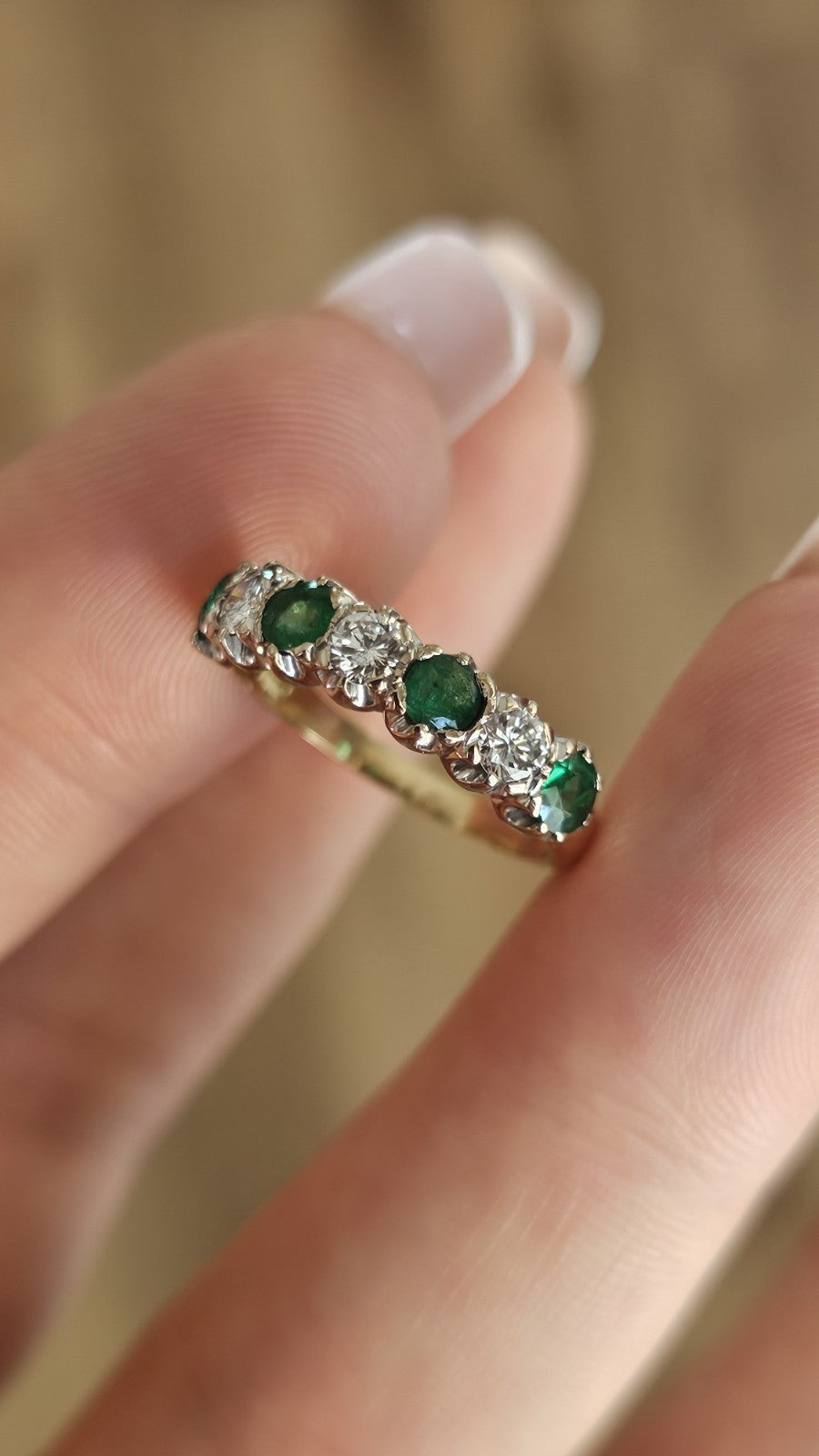 Vintage 18ct Gold Emerald & Diamond Seven-Stone Half Eternity Ring,size M 1/2