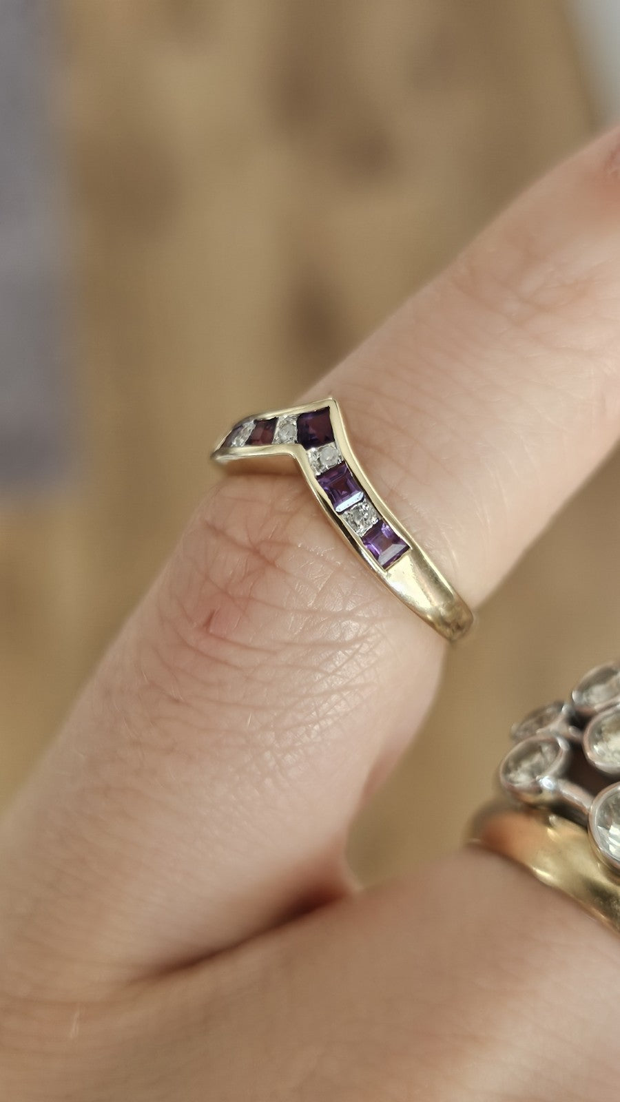9ct Yellow Gold Natural Amethyst & Diamond Wishbone Ring Size K Hallmarked