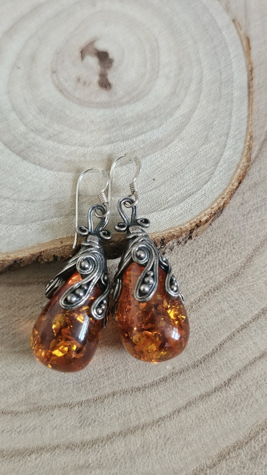 Vintage 925 Sterling Silver Amber Drop Earrings Ornate Dangle 13.57g