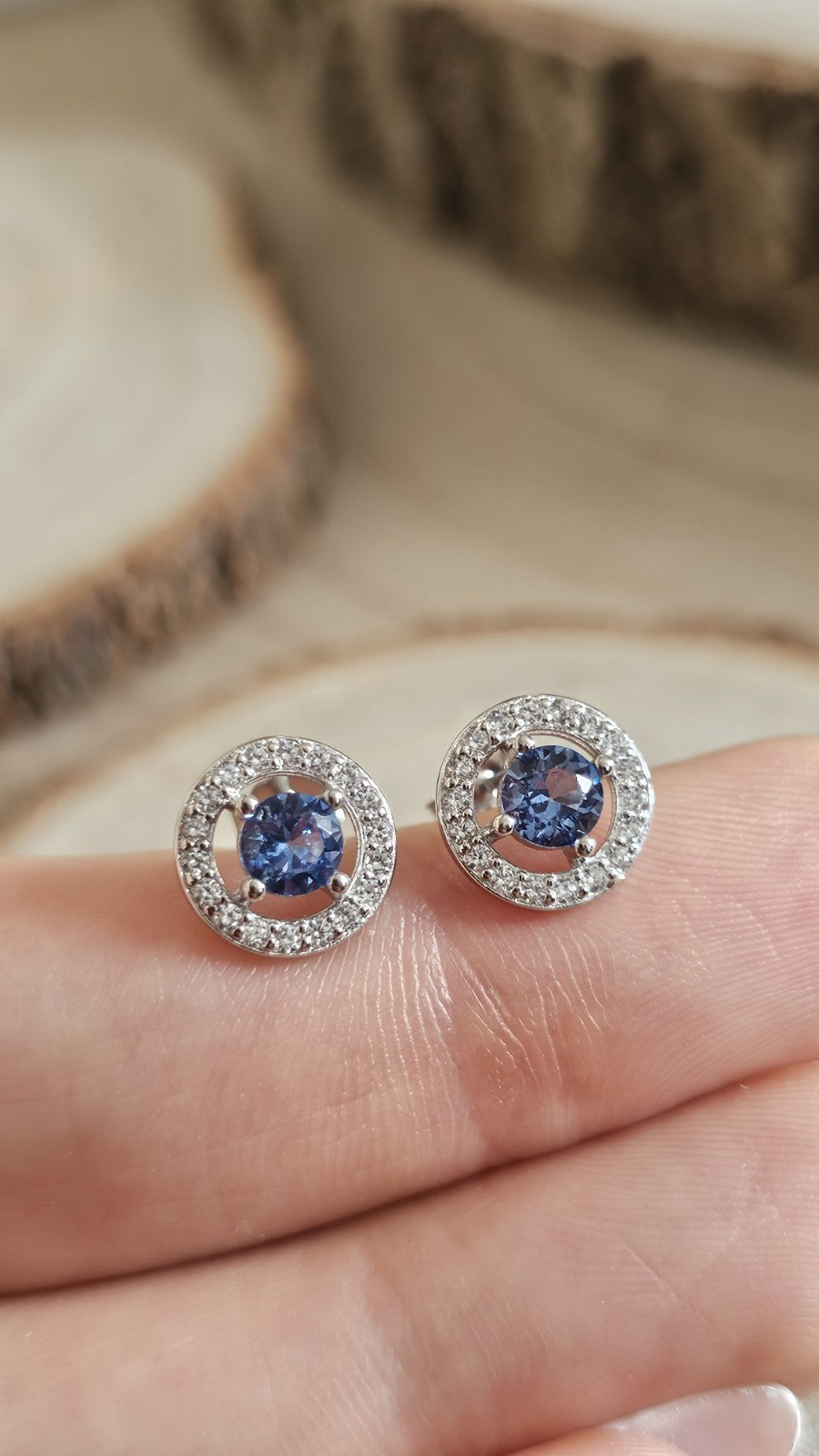 925 Sterling Silver Blue CZ Halo Stud Earrings 9.6mm, New Boxed