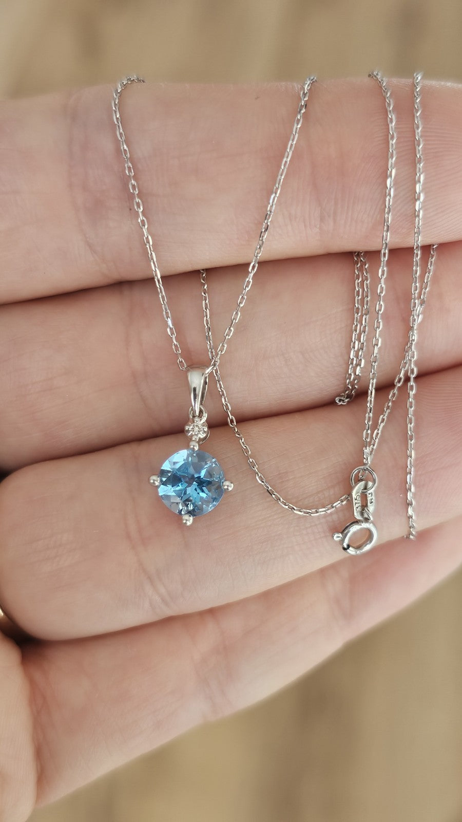 9ct White Gold Natural Blue Topaz & Diamond Pendant Necklace – 18 Inches