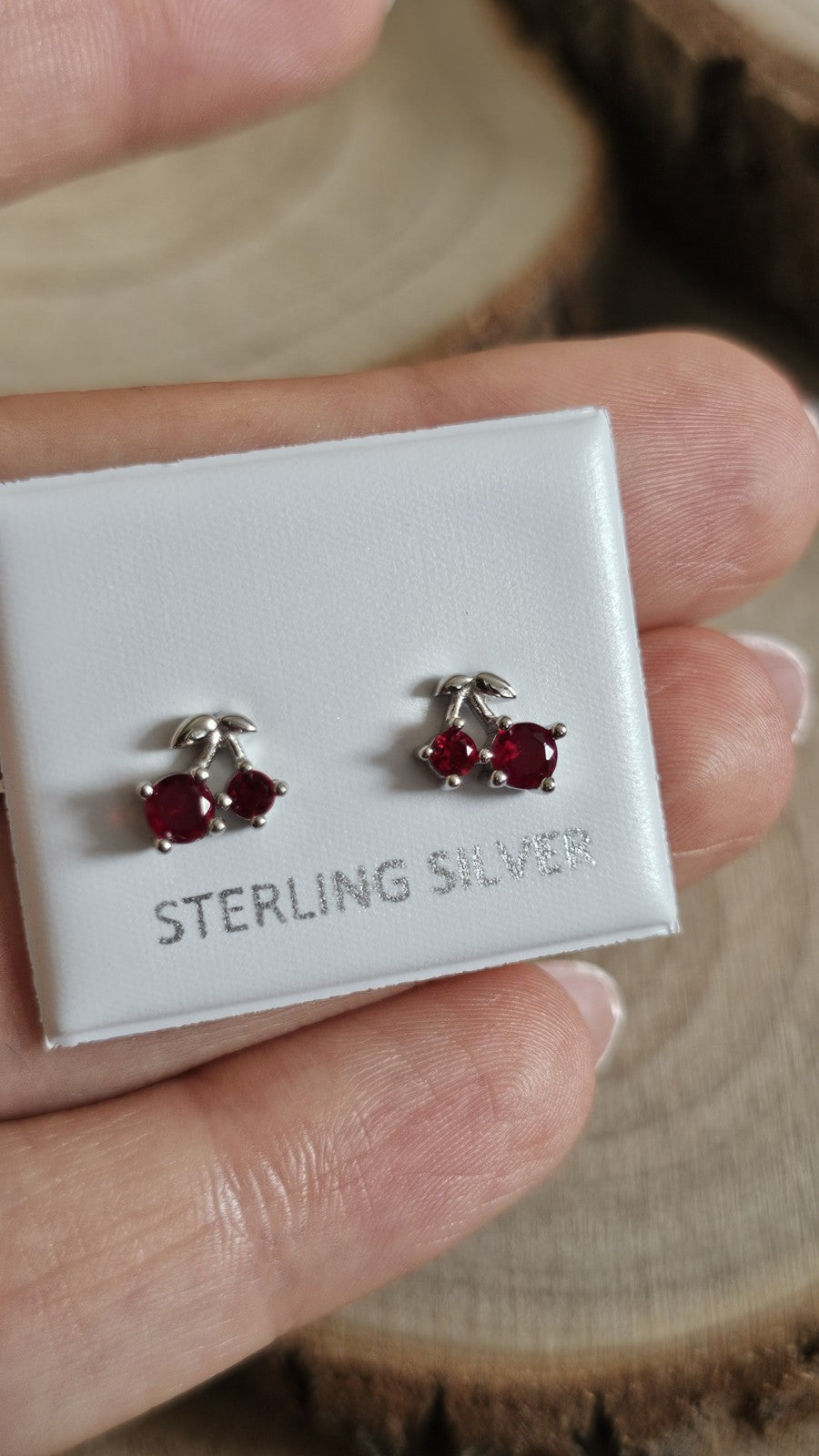 925 Sterling Silver Red Stone Cherry Stud Earrings Rhodium Plated 7.5mm