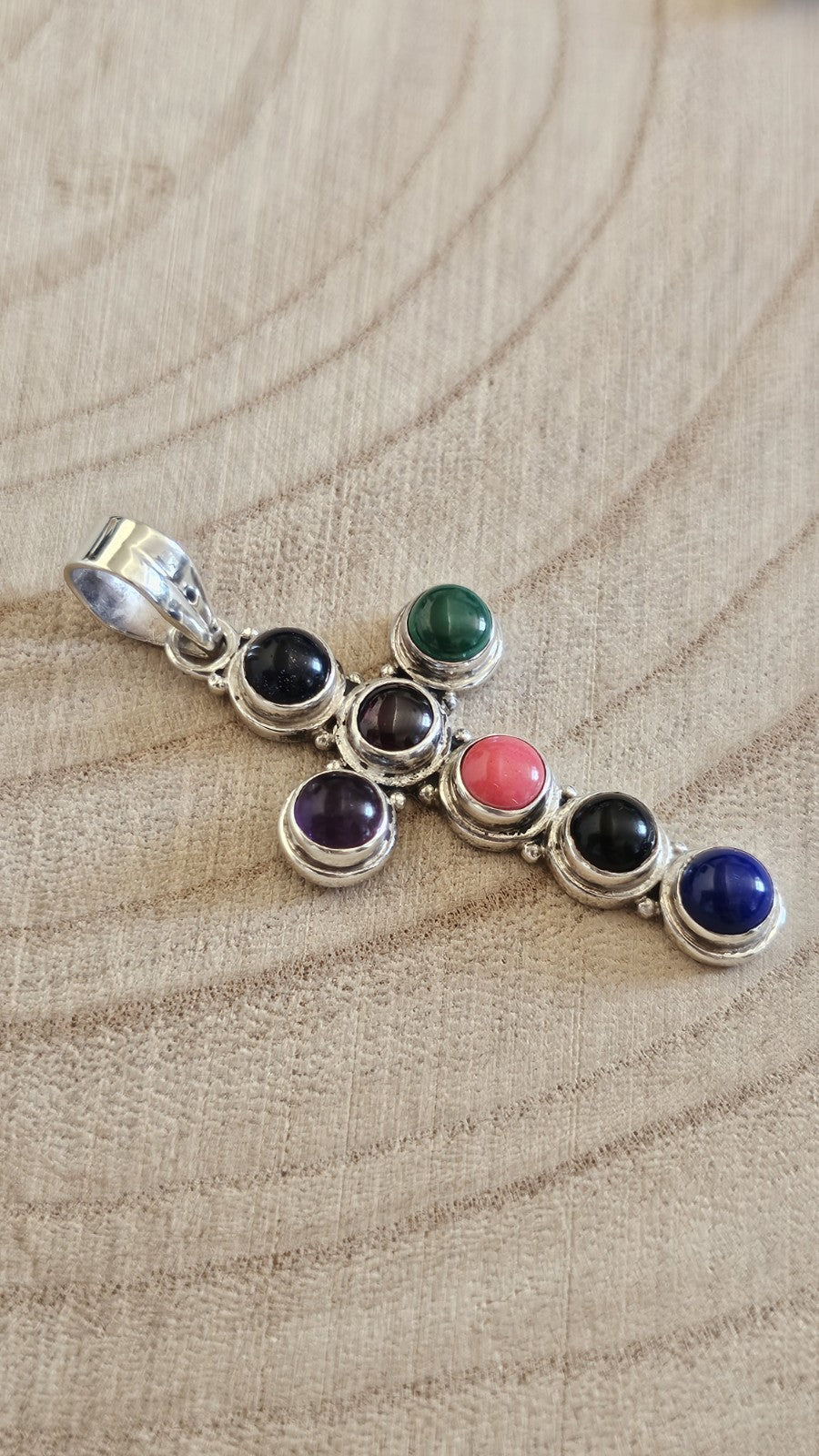 925 Sterling Silver Multi Gemstone Cross Pendant –Lapis, Garnet, Amethyst & More