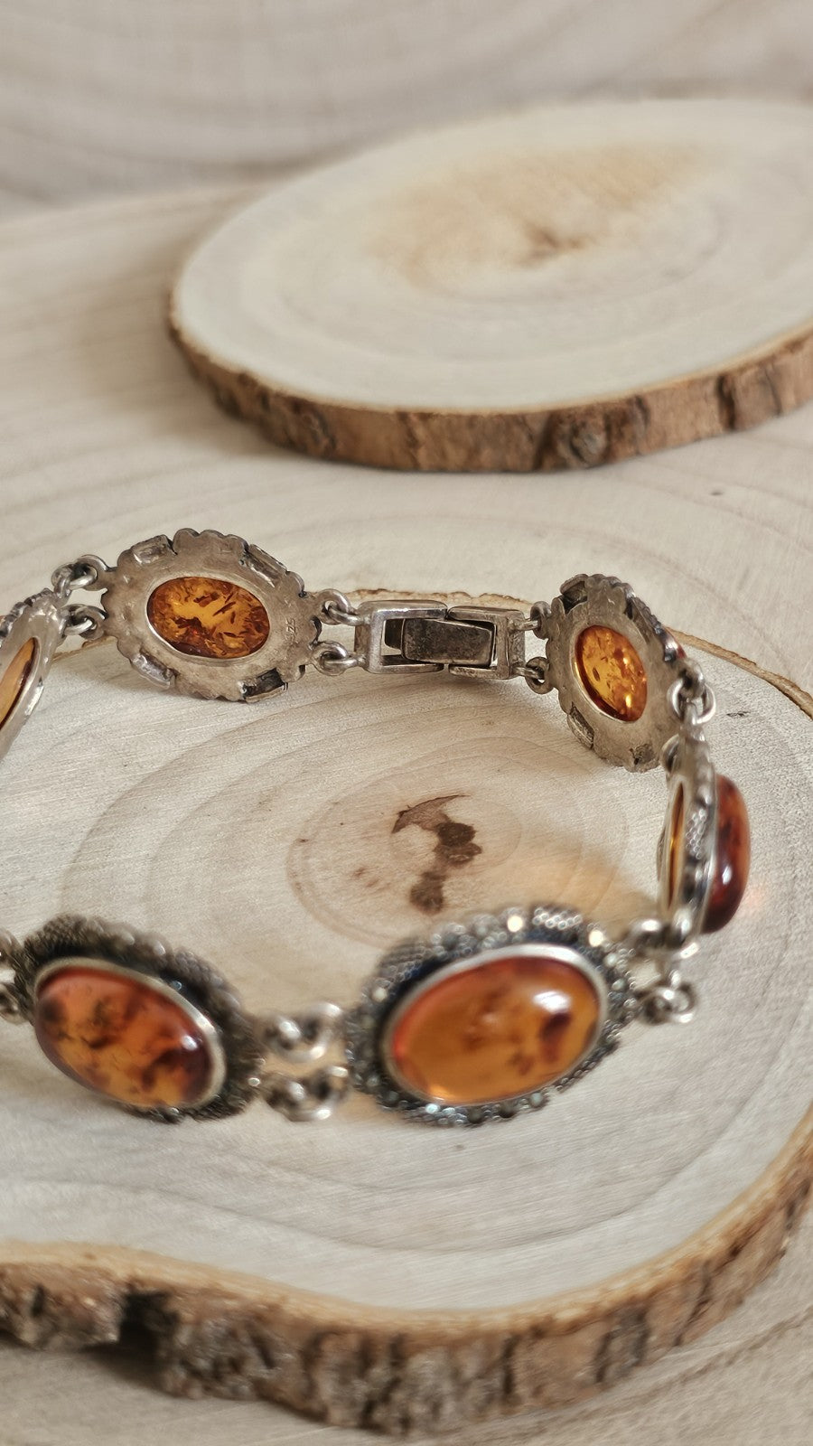 Vintage 925 Sterling Silver Amber Marcasite Bracelet 8" Hallmarked 22.38g