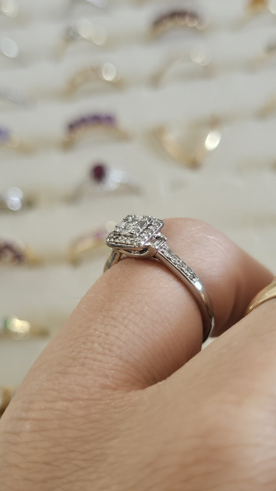 9ct White Gold 0.25ct Natural Diamond Square Halo Cluster Ring – Size L 1/2 ✨