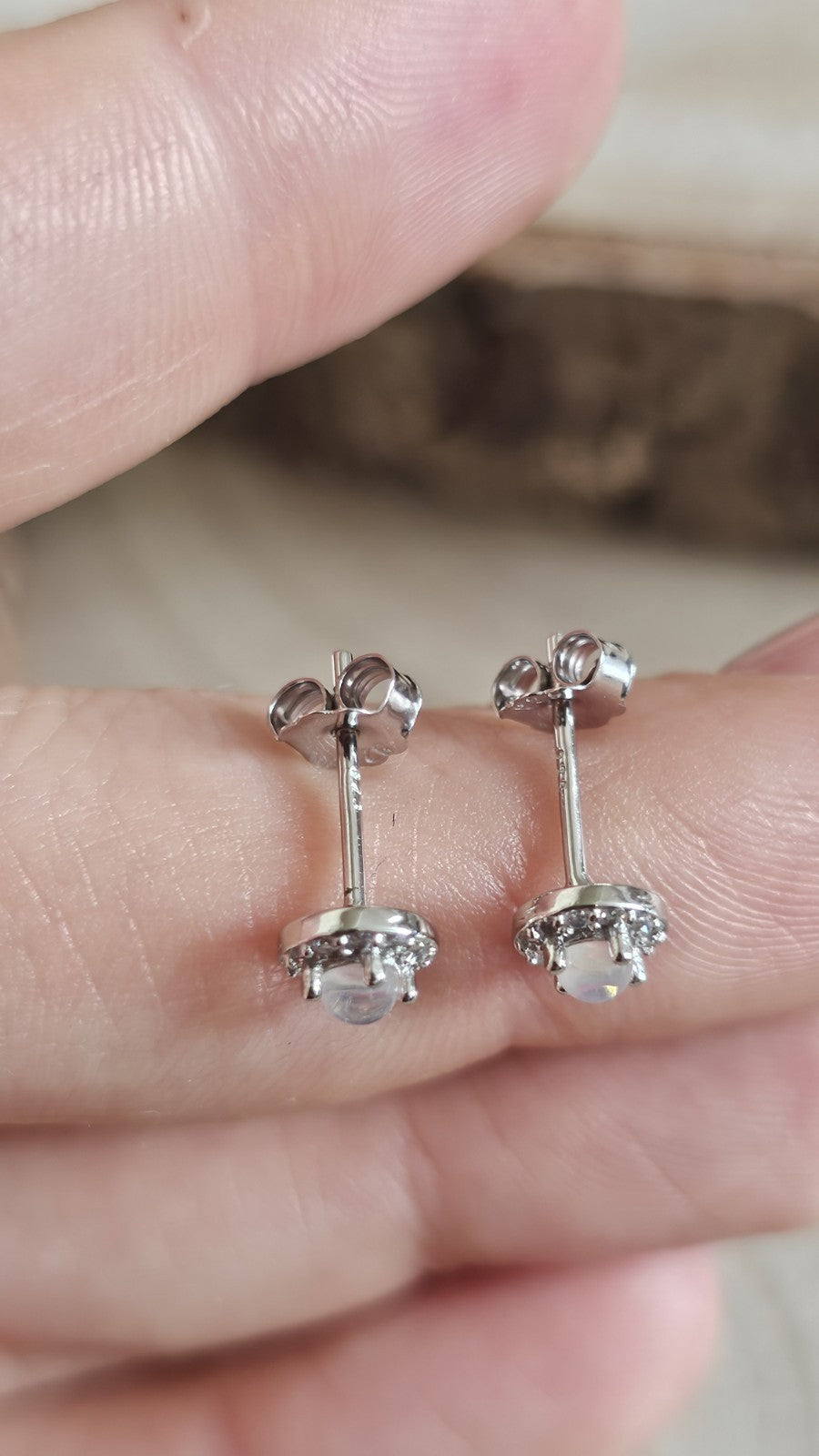 925 Sterling Silver Moonstone CZ Halo Stud Earrings 6mm Round Stamped 925 , New