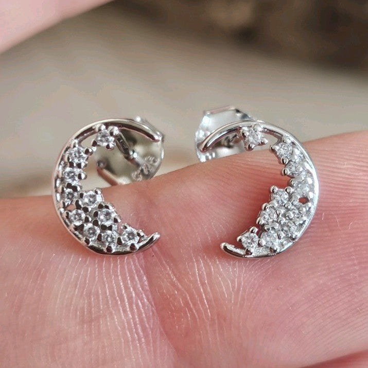 925 Sterling Silver CZ Crescent Moon Stud Earrings Rhodium Plated New