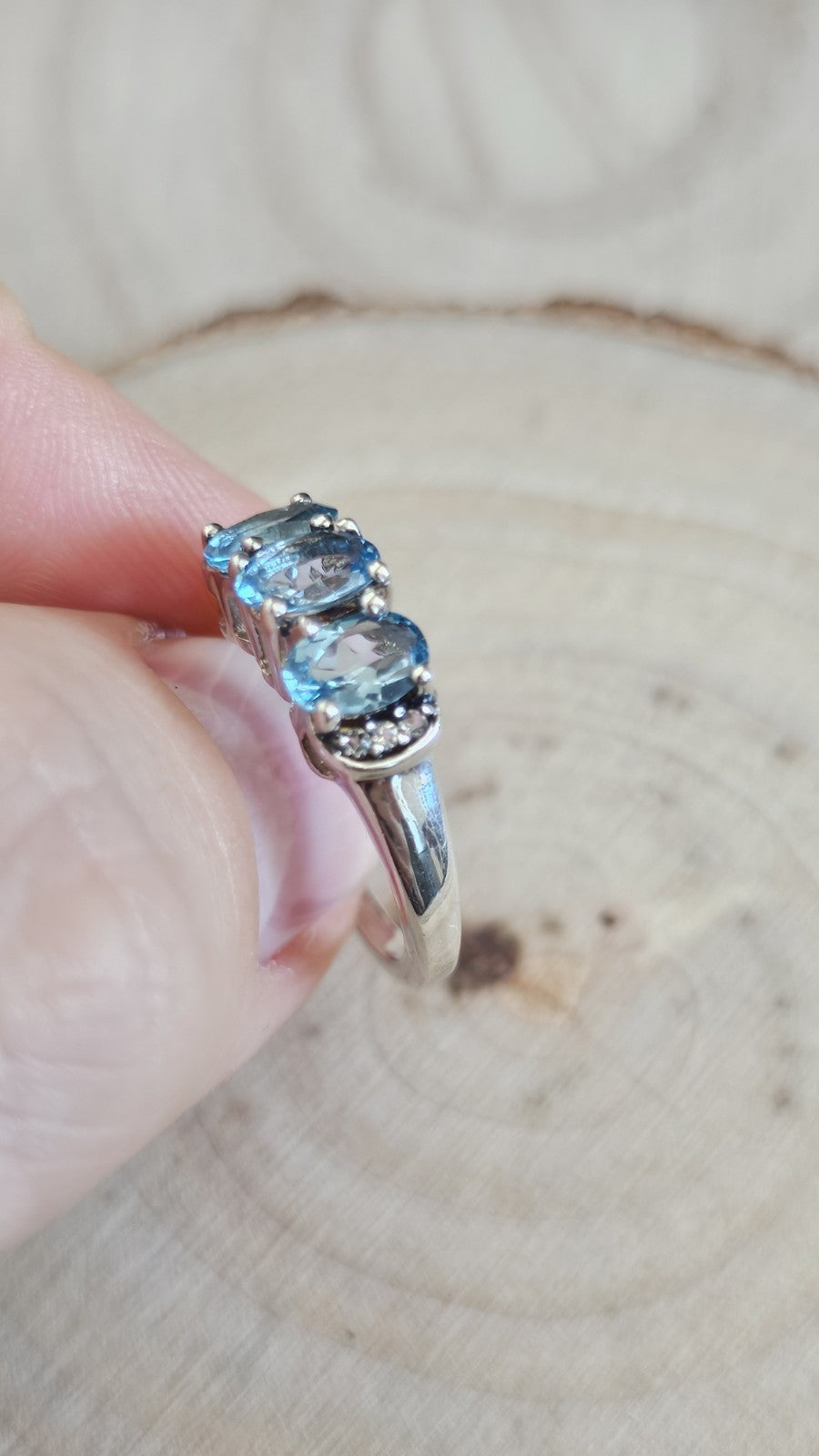 925 Sterling Silver Blue Topaz & Zircon Trilogy Ring Size L 1/2 TGGC