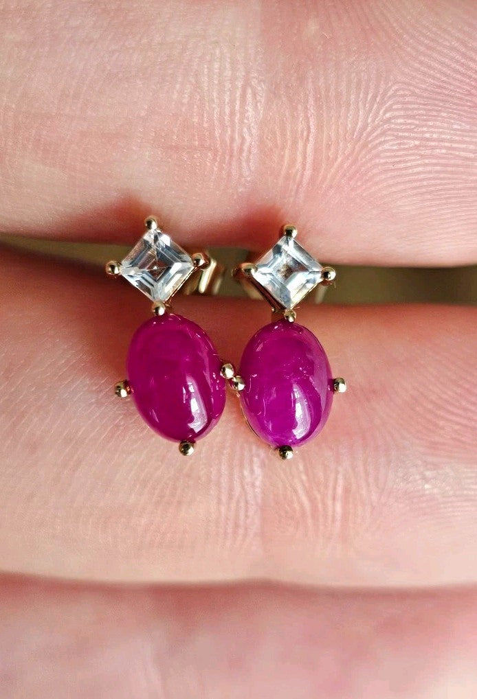 9ct Yellow Gold Natural Ruby & White Topaz Drop Stud Earrings – 1.68g