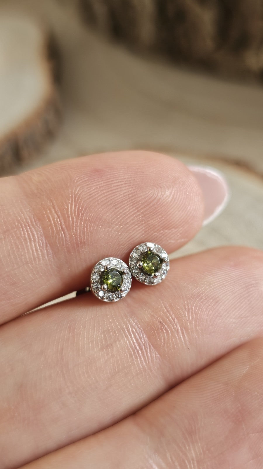 925 Sterling Silver Olive Green CZ Halo Stud Earrings 5.8mm , New Boxed