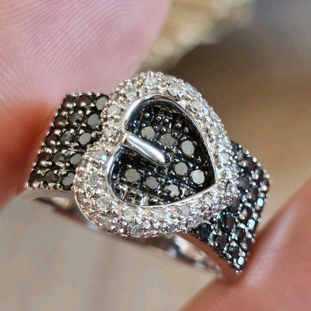 Sterling Silver Natural Black & Clear Diamond Buckle Ring Size N 1/2