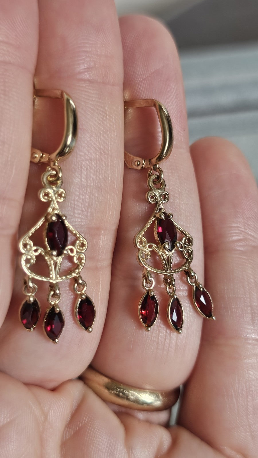 Vintage 9ct Yellow Gold Garnet Chandelier Drop Earrings 3.61g 41mm 375