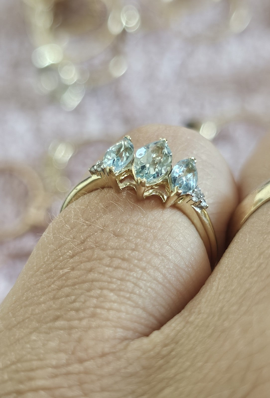10ct Yellow Gold Natural Aquamarine & Diamond Trilogy Ring Size L | Hallmarked