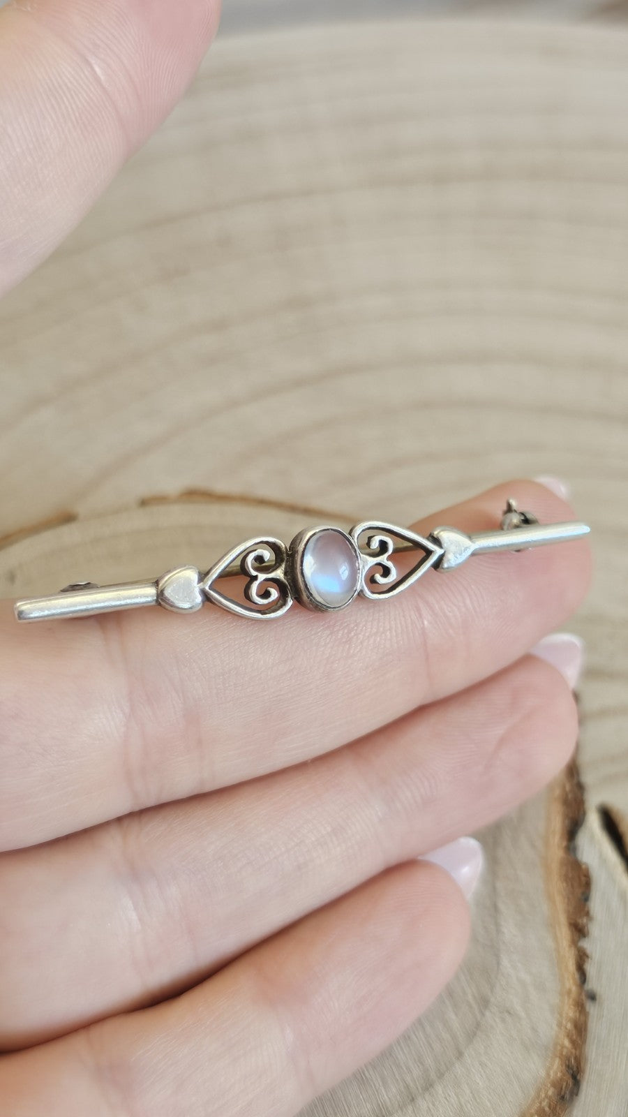 Vintage Silver Moonstone Bar Brooch Heart Scroll Design Stamped SILVER 54mm